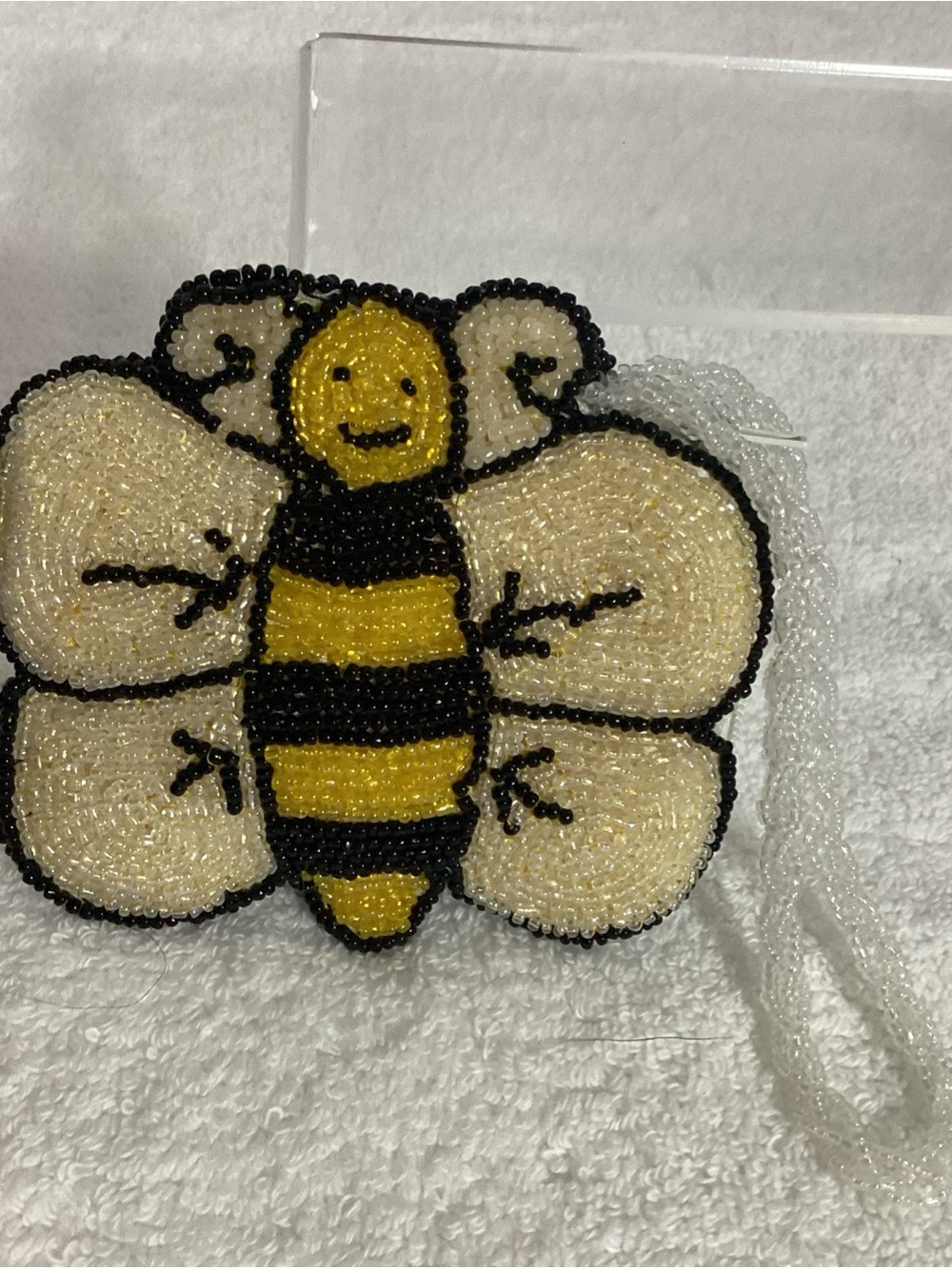 Beautiful Beaded Honey Bee Coin Purse w/ Braided Bead Strap Zippered & Lined - Picture 2 of 6